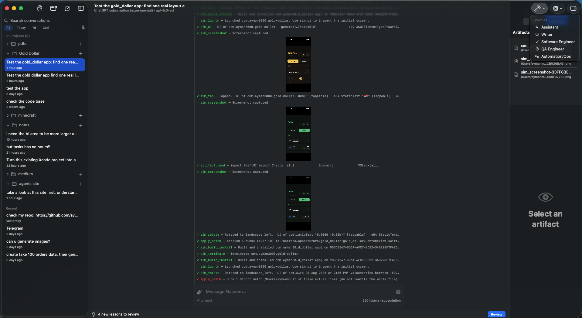 Naseem building, installing, launching and driving a real app in the iOS Simulator — sim_build_install, sim_launch, sim_ui and screenshots in the transcript
