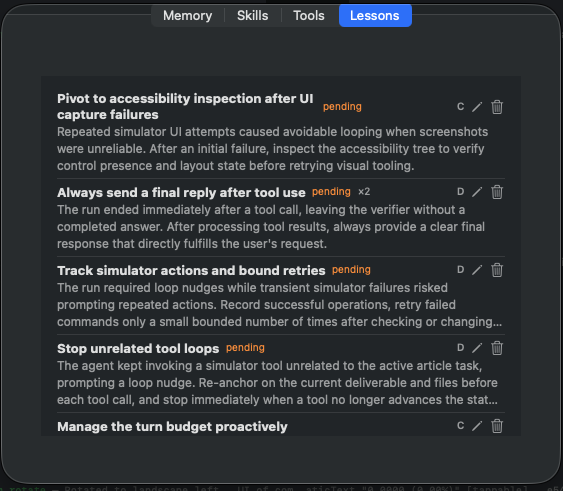 Naseem's Lessons panel — durable lessons the agent captured from failed or corrected runs, awaiting your review