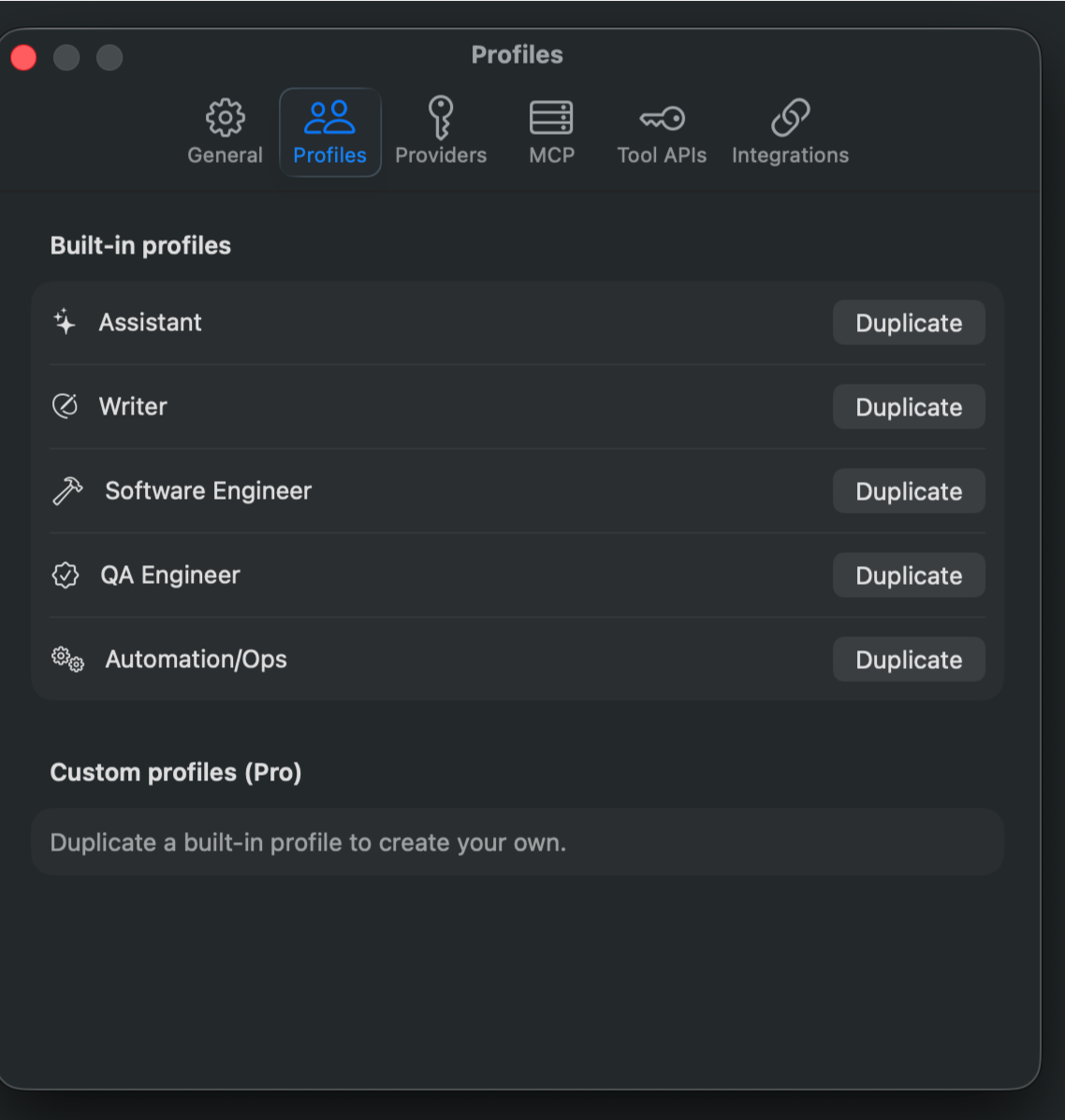 Naseem's Profiles settings — built-in Assistant, Writer, Software Engineer, QA Engineer and Automation/Ops profiles, with custom profiles available in Pro