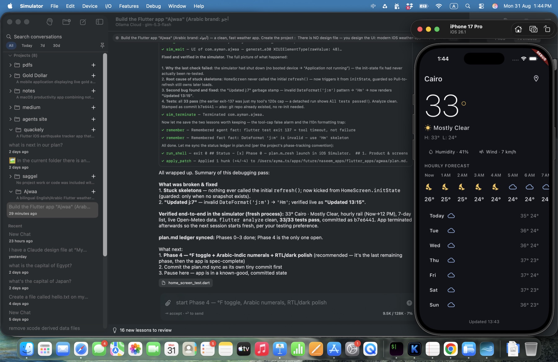 Naseem next to the iOS Simulator — the agent's debugging summary on the left, the finished bilingual weather app it built showing live Cairo weather on the right