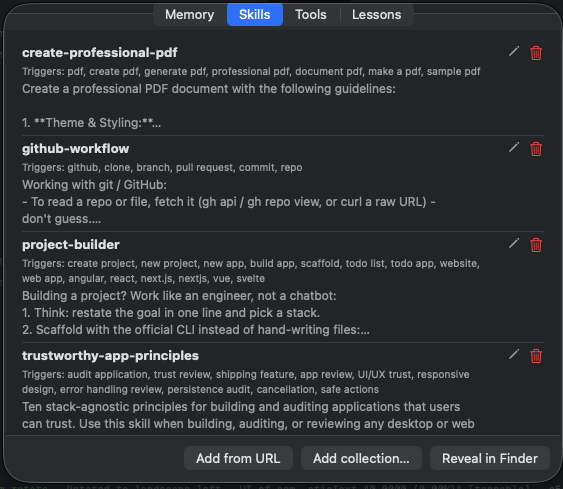 Naseem's Skills library — reusable procedures like project-builder and github-workflow, importable and reviewable